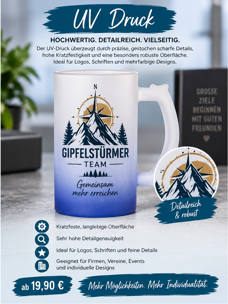 đź’™ Mattierter Bierkrug mit UV-Druck